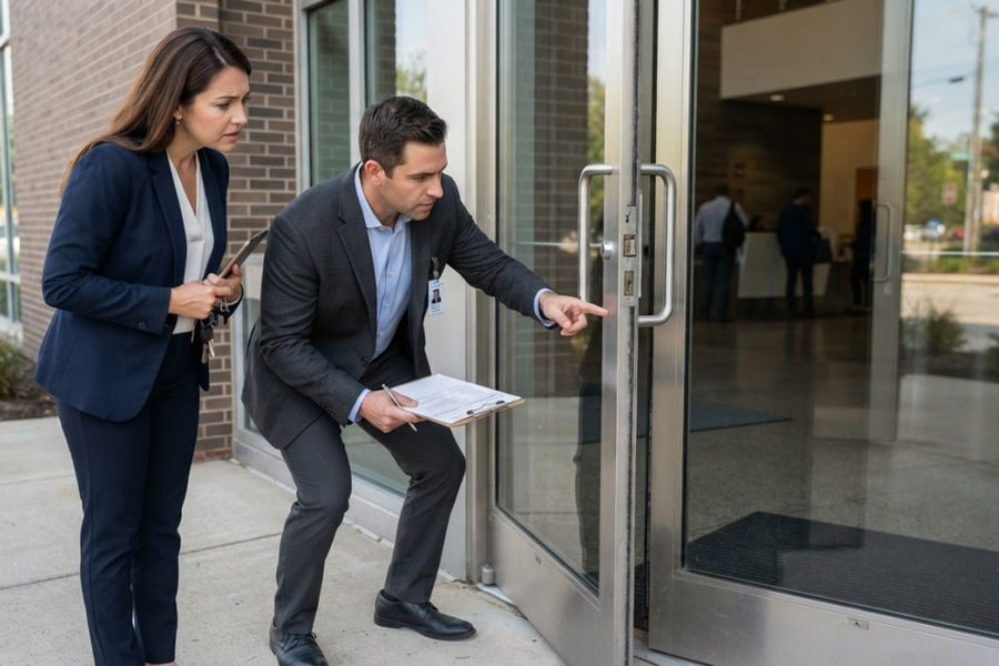 A security consultant in professional attire examining a commercial building entrance with a clipboard, pointing at a door hinge and frame while a facility manager looks on