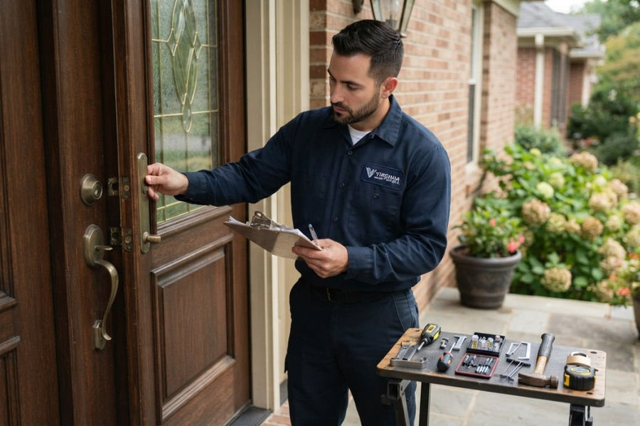 A professional locksmith technician in a collared shirt examining a residential front door entry point, taking notes on a clipboard while inspecting the deadbolt and door frame in natural daylight
