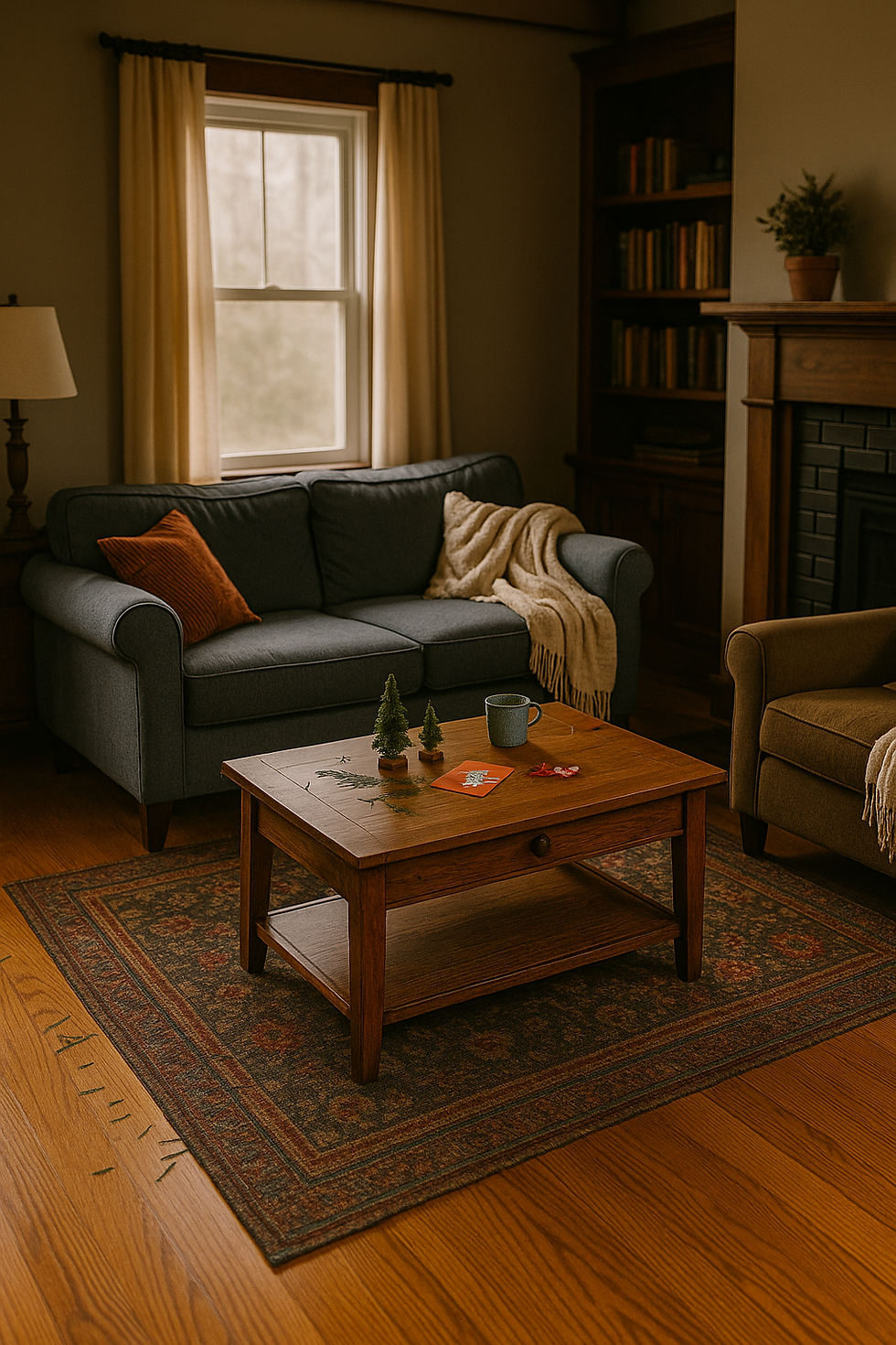 A cozy Delaware living room in early January with warm natural light, a dark patterned rug, a gray sofa with blankets, a wooden coffee table holding small holiday leftovers and pine needles, a built in bookshelf, and a fireplace, creating a realistic post holiday reset atmosphere.