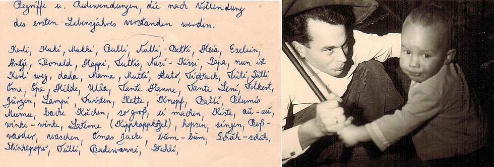 Vaoder (Friedrich Hoek 1934-2015) un Söhn HelgeHoek. Bie dat erste Kind wuur immer läp völ Uphebens maokt: Links sücht man noch än Zedel, wor aal dä Worden upschreven wassen, dä dat Kind naoh än Jaohr verstaohn kunn.