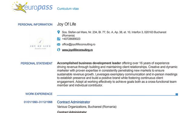 Model de CV Europass completat