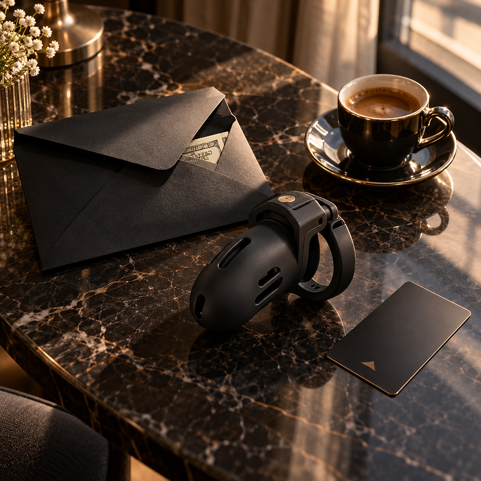 Flat-lay of a black envelope with cash, a Bluetooth chastity device, espresso cup, and hotel key card on a marble table, representing a Locktober cash meet experience.