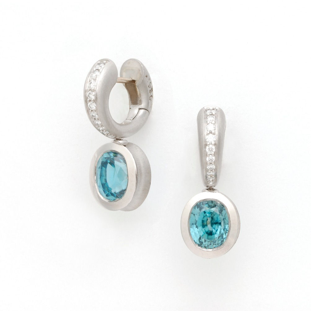 Platinum and Diamond Hoop with Blue Zircon Drop