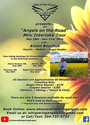 Poster | "Angels on the Road - Mini Interlake Tour" | May 28th - May 31st | Whispering Angels - Alison Boychuk | Psychic - Medium - Angel Reader