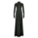 Black jersey gown with integrated gloves and high slit Front View