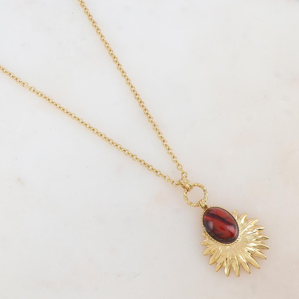 Sautoir avec pendentif feuillage, pierre naturelle ou nacre