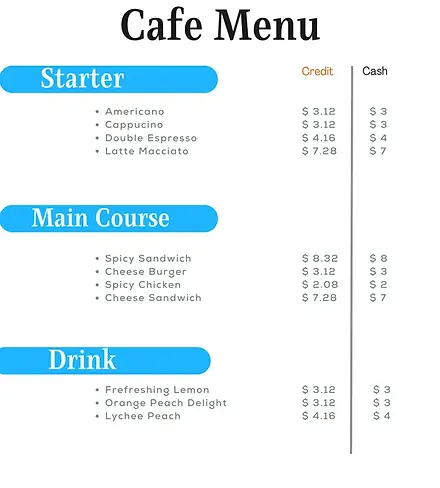 Example of dual pricing Menu
