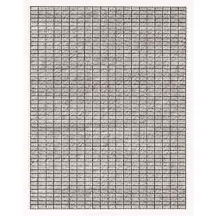 Intricate pen-and-ink drawing by Jon Poblador titled ‘Devotion 33,’ featuring a meticulously hand-drawn grid with diagonal hatching, creating a textured and rhythmic pattern. The artwork explores themes of precision, repetition, and meditative devotion to process.