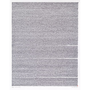 Abstract pen-and-ink artwork by Jon Poblador titled ‘Gray,’ featuring meticulously drawn horizontal rows of small, evenly spaced grey dots forming a dense textured field. The composition highlights precision, repetition, and the meditative quality of minimalism, with subtle variations creating visual rhythm.