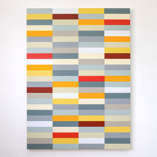 A minimalist painting featuring a vertical grid of horizontal rectangles in varied hues of muted blue, grey, cream, and beige, interspersed with vibrant bands of red, orange, and yellow. The colors are arranged with no repeating pattern, creating a quiet but dynamic rhythm. The surface appears smooth and carefully painted, inviting close attention to subtle shifts in tone and balance.