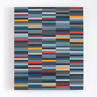 Abstract minimalist painting by Jon Poblador, featuring a grid of colorful horizontal stripes in varying shades of blue, grey, red, orange, and yellow. The structured composition reflects themes of repetition, rhythm, and meditative process.
