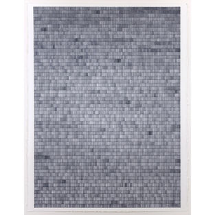 Jon Poblador’s Gray Field (January 2021) is a captivating exploration of tone and structure, created entirely with watercolor. This grid-based composition is composed of meticulously painted squares, each varying slightly in tone, creating a dynamic yet harmonious surface. The fluidity of the watercolor contrasts with the rigidity of the grid, imbuing the piece with a subtle sense of movement and organic texture. The variations in gray tones invite viewers to engage deeply, revealing the meditative process behind the work. Gray Field is a testament to Poblador’s ability to balance precision and spontaneity, transforming a simple grid into a profound visual experience.
