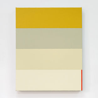A minimalist painting of four horizontal bands in muted yellow, pale grey-green, soft cream, and off-white, with a thin vertical strip of bright red at the right edge. The surface is smooth and carefully layered, with the subtle colors balanced by the small but striking red accent.