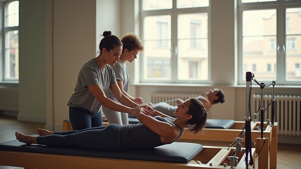 Close-up view of a Pilates instructor guiding a student in a reformer exercise