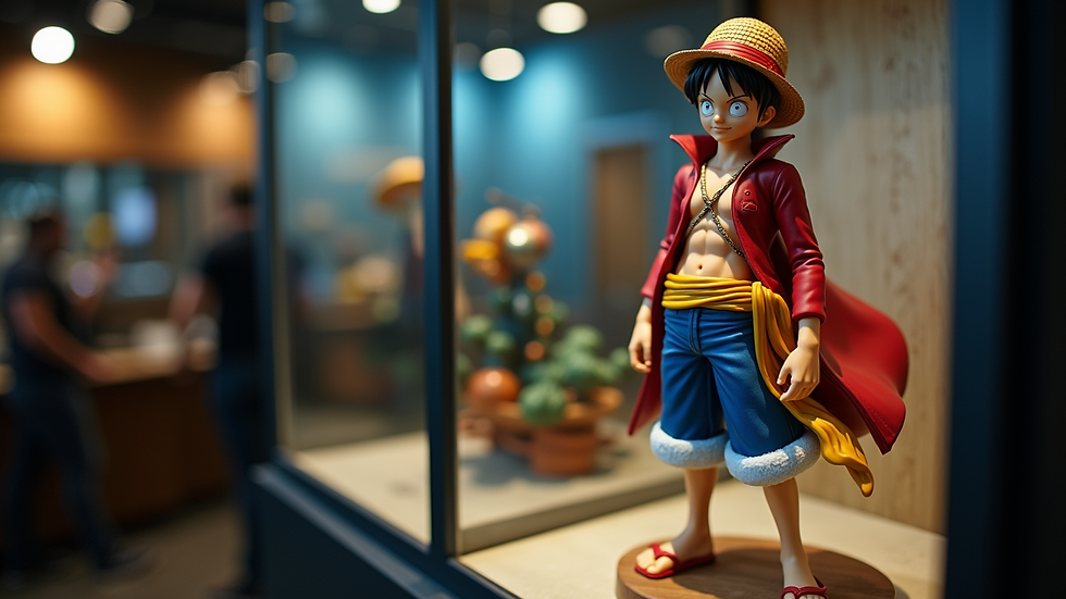 High angle view of a limited edition One Piece figure in a display case