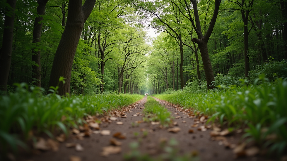 Eye-level view of a serene nature trail surrounded by trees
