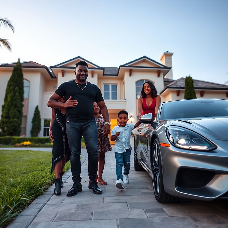 A black family outside of their new mansion and their new car is in the driveway.jpg