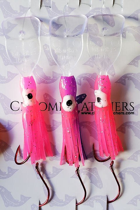 3pk Chromes Wiggle Hoochies (Pink Pink/Purple Wigglers) Chrome