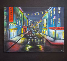 Japanese painting, rainy artwork, bright colours, street art