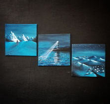 3 x L_R Mini Blue Canvas Paintings, Sea, Mountains, Lighthouse, Village.jpeg