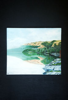 Painting from photo of The Highlands in Scotland from a family visit. Detail of trees and foliage behind a rocky forefront with the full reflection on the still water.