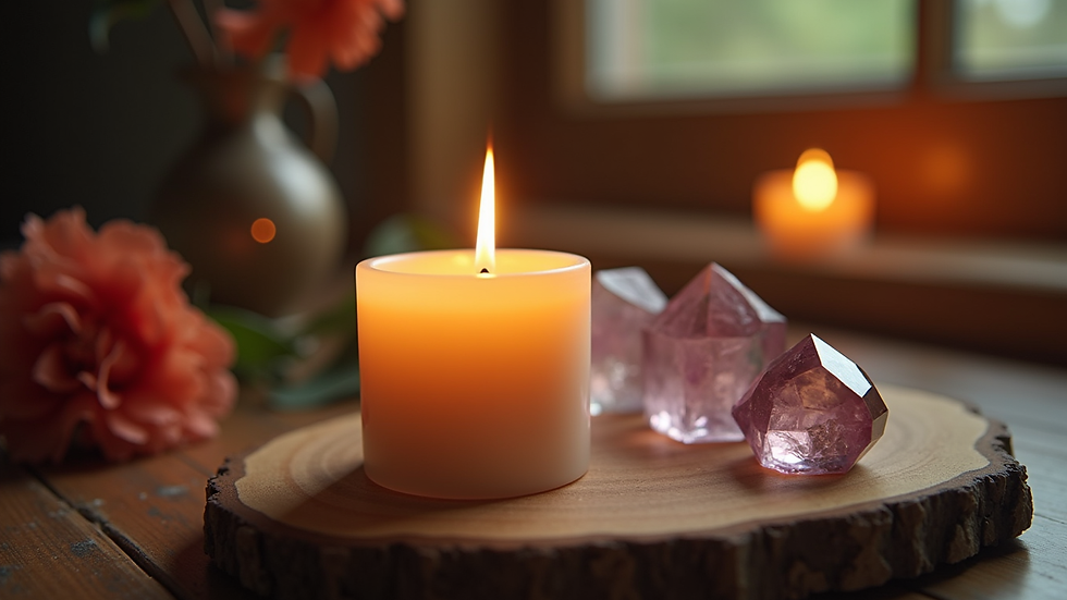 Close-up view of a lit candle on a wooden altar with crystals and flowers