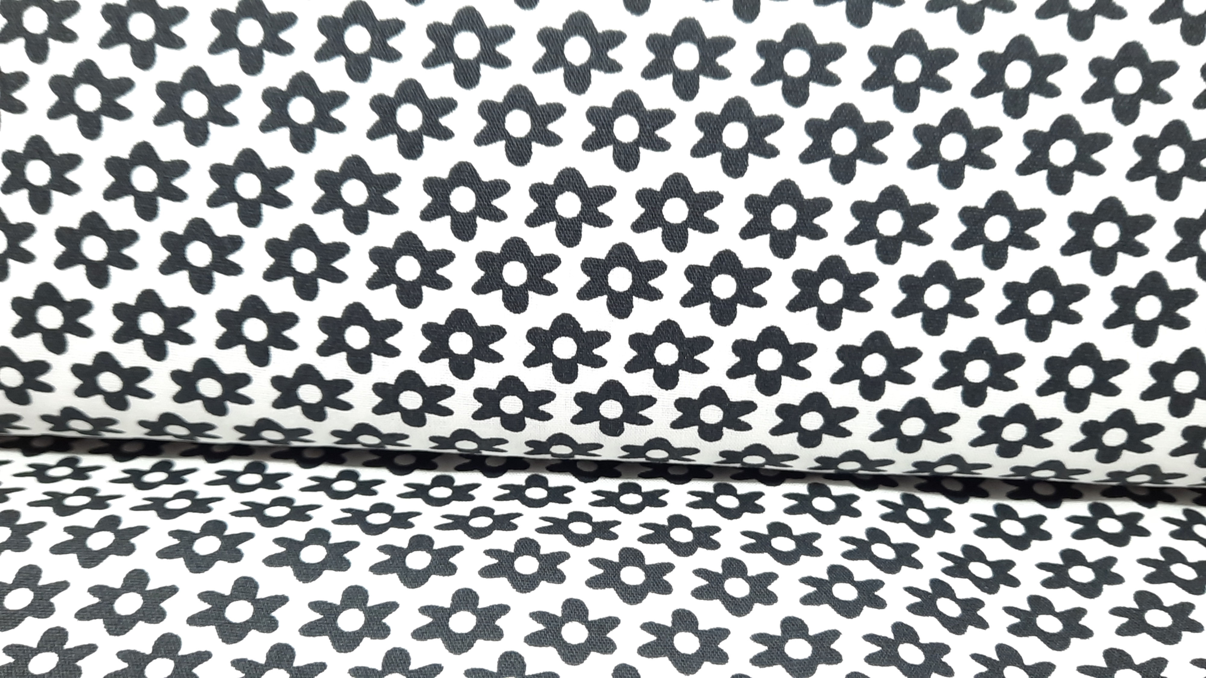 bomullstoff hvit med svarte margeritblomst