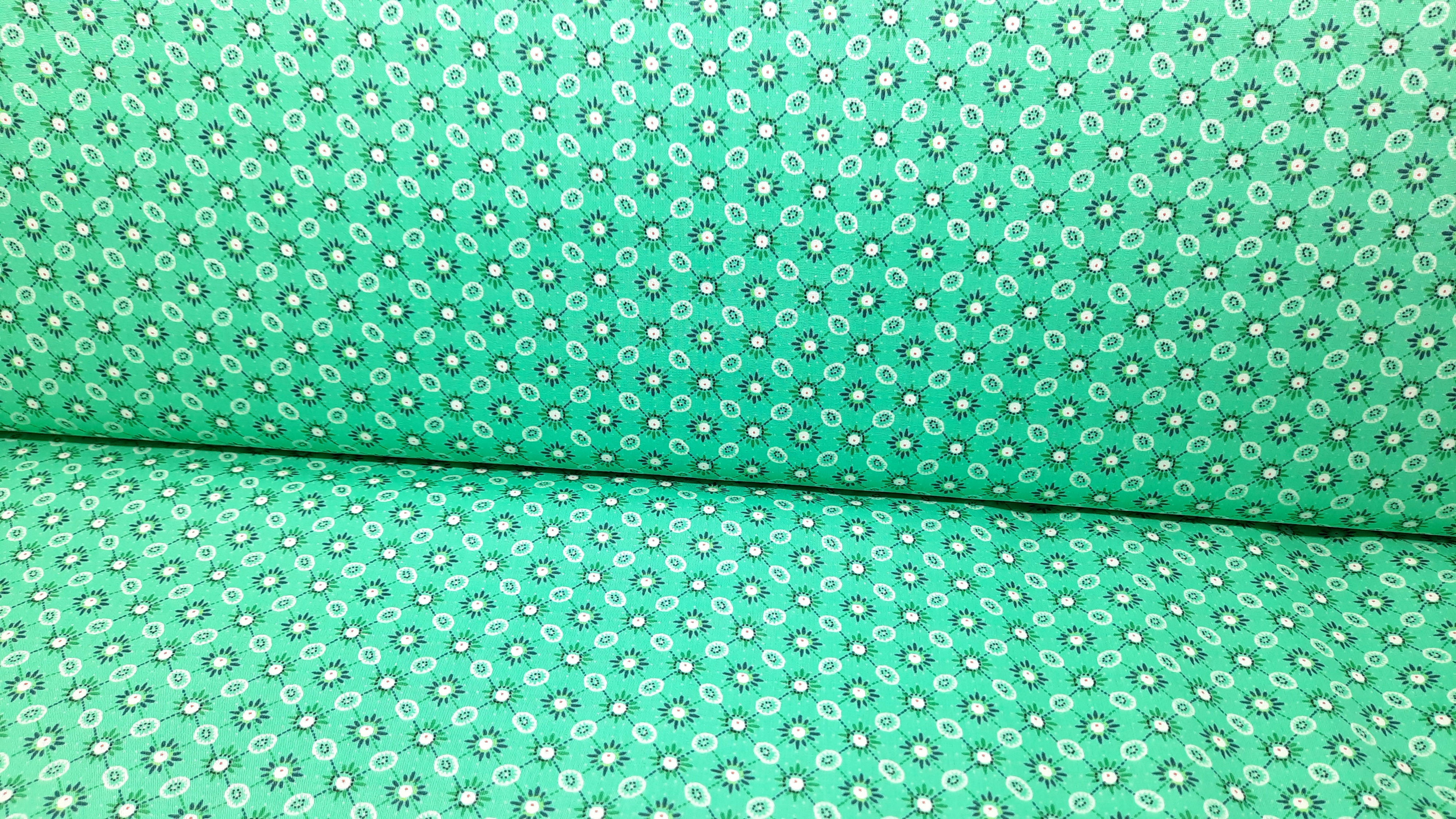 bomullstoff Emma, små mønstre på jadegrønn 