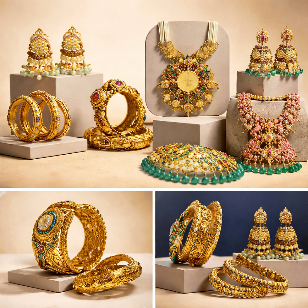 Collection of intricate gold bangles and traditional jewelry pieces from the Paras Jewels collection.