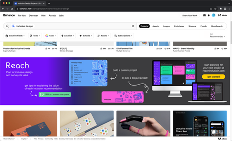 Reach ad on Behance. The UI is shown and text explains the app helps designers advocate for and implement inclusive design.