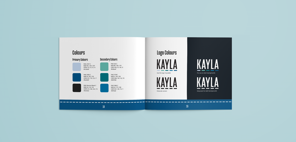 This spread shows Kayla's brand colours, associated colour codes, and logo. The colours include shades of calming and modern blues. Light and dark logo variations are laid out.