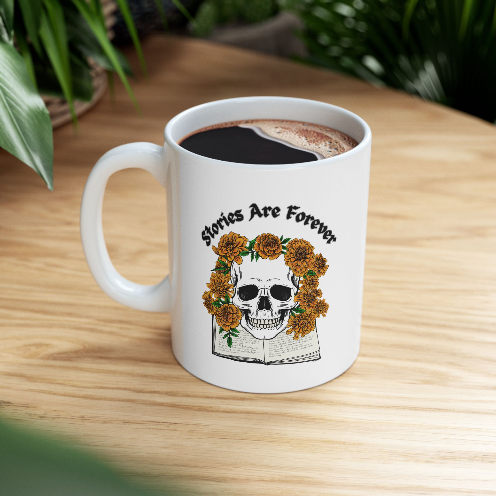 "Stories Are Forever" Skull with Book Ceramic Mug 11 oz, 15 oz