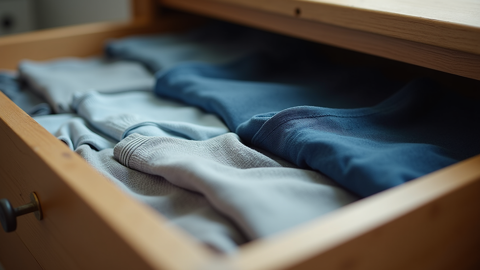 Eye-level view of neatly folded men's briefs in a drawer
