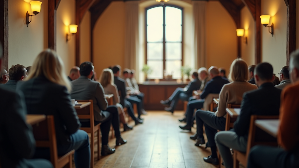 Eye-level view of a community circle meeting in a local hall