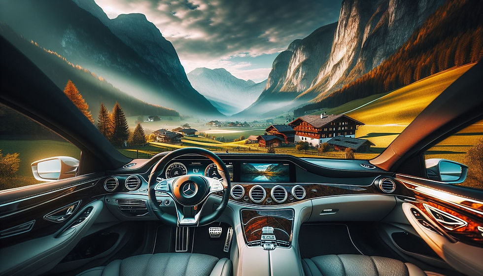 Una vista panorámica de Austria con un Mercedes-Benz Clase S destacado prominentemente en el primer plano, mostrando su lujoso interior.