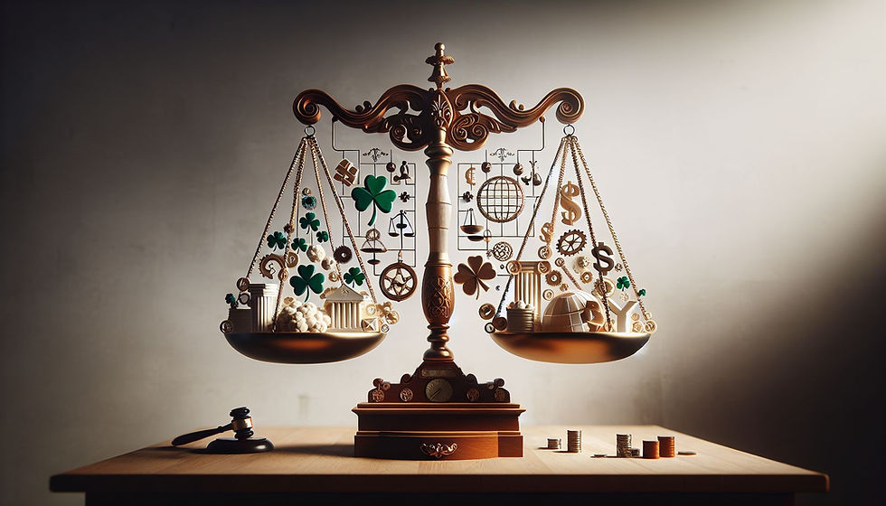 Una representación simbólica del libro de leyes irlandés equilibrado en un lado de una balanza y un globo que representa a las empresas extranjeras en el otro, demostrando la necesidad de entender las leyes laborales irlandesas.