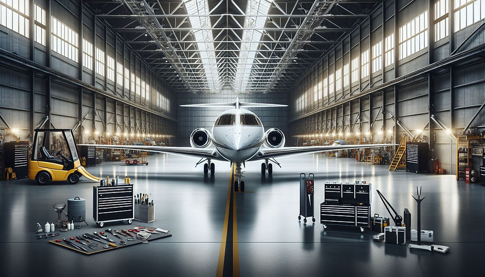 Um jato privado bem mantido em um hangar simbolizando a importância das responsabilidades pós-compra, incluindo manutenção rotineira e considerações de armazenamento.