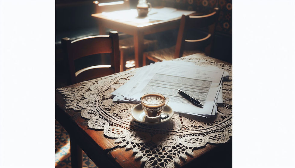 Eine Nahaufnahme eines Stapels Umfragepapiere, platziert auf einer traditionellen maltesischen Spitzen-Tischdecke, neben einer typisch maltesischen Tasse Kaffee, symbolisiert das Konzept der auf Umfragen basierenden Marktforschung in Malta.