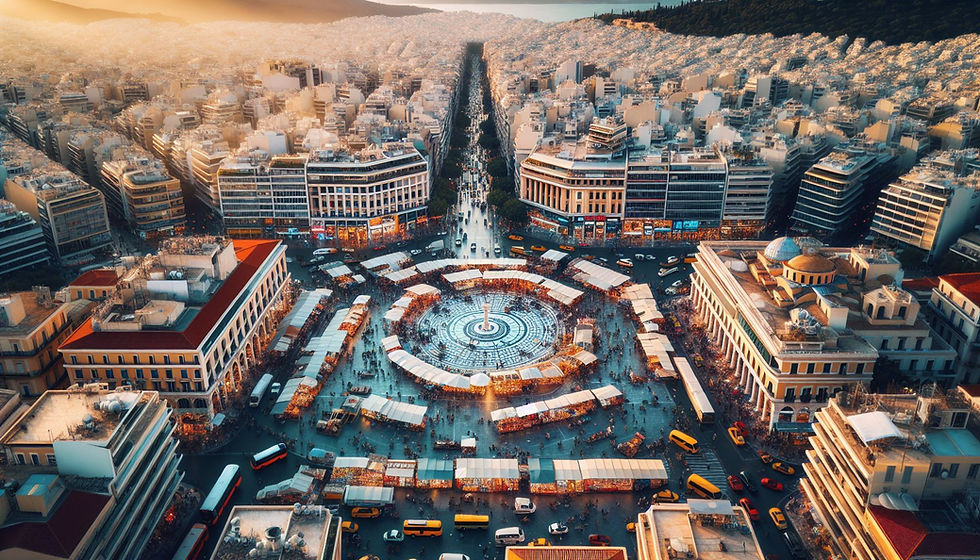 Una impresionante vista aérea de un bullicioso mercado en el corazón de Atenas, mostrando la vibrante actividad comercial de la ciudad durante el día.