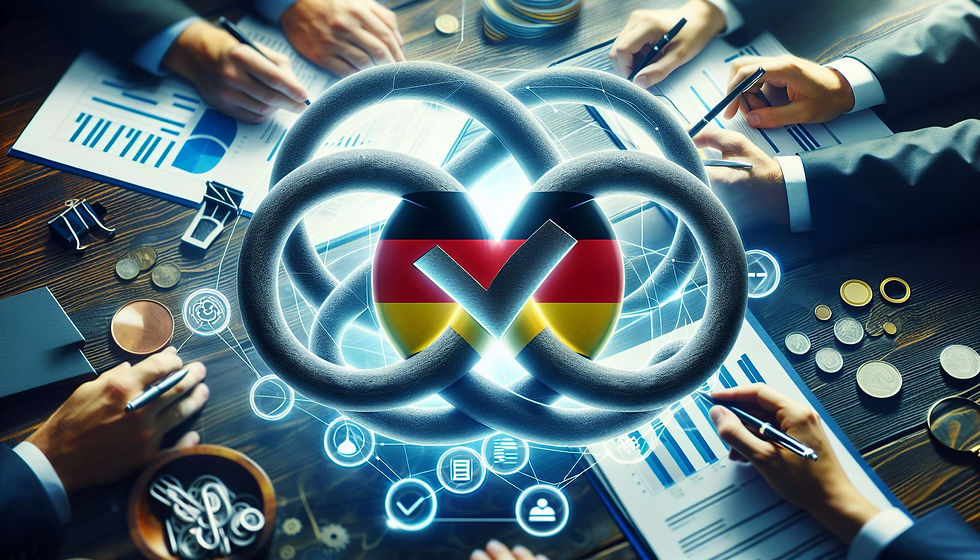 Conceptual image showing intertwined circles symbolizing strategic partnerships with German brands, with a checkmark in the center, symbolizing customer service and customer loyalty.