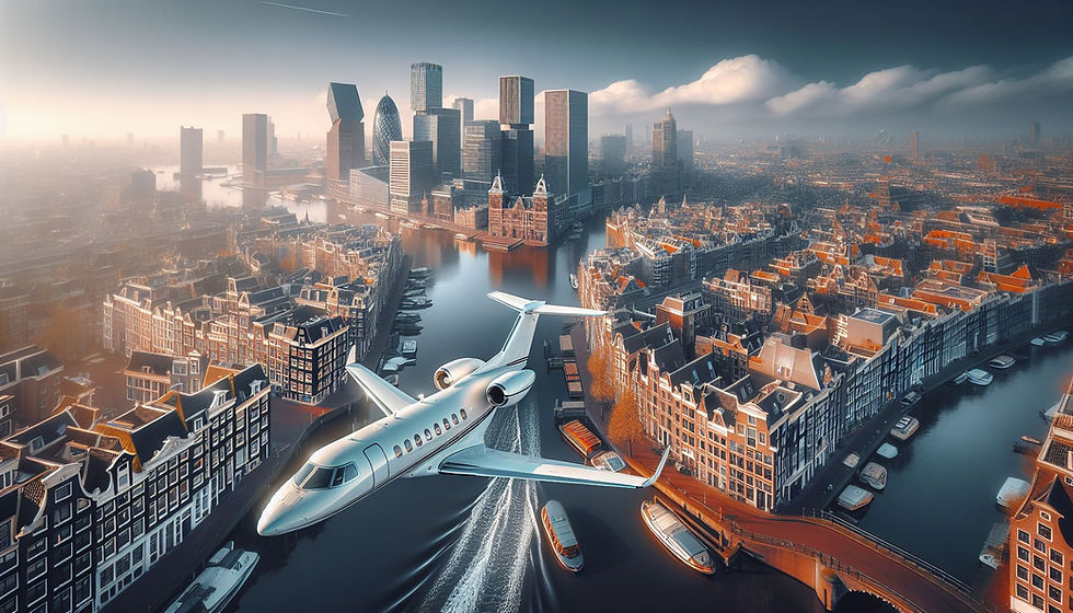 Fotografía del horizonte de la ciudad de Ámsterdam, mostrando la única belleza arquitectónica de los Países Bajos con un jet privado volando alto sobre los edificios.