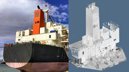 Engine room laser scanning of container ship for upgrading scrubber system