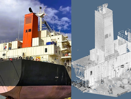 Engine room laser scanning of container ship for upgrading scrubber system