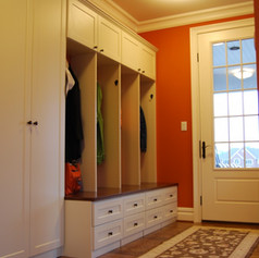 You know what this normally looks like; shoes everywhere, jackets hung on door knobs, backpacks tossed on the floor. A bench with lockers that incorporate hooks, drawers for hats and gloves and a cabinet for shoes will remedy this easily. Color: Irish Linen. Bench: Wood veneer.