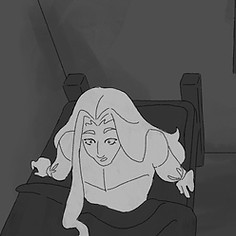 A black and white illustration. A 2D character sits up in bed abruptly.
