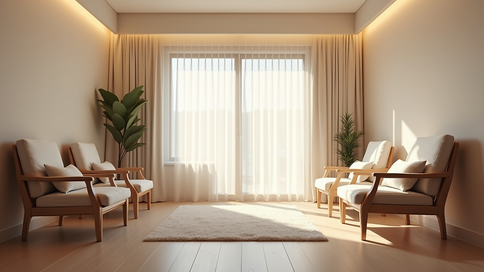Eye-level view of a calm therapy room with soft lighting and comfortable chairs