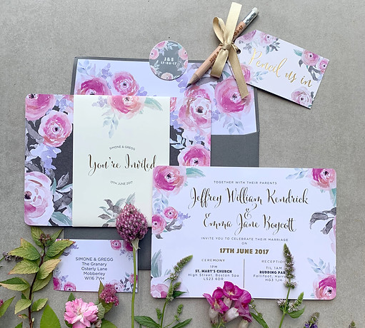 Rudding Park Watercolour Pink and Grey Wedding Invitations and Stationery Boycott