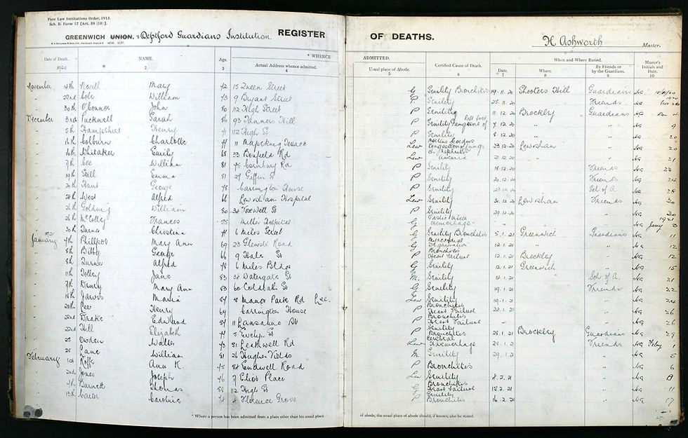 Deptford Guardians Institution record of Maria's death - she is about 2/3rds down the page.