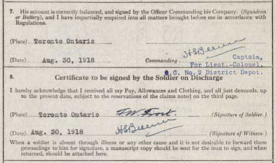 Frederick William Frost's signature on his discharge papers