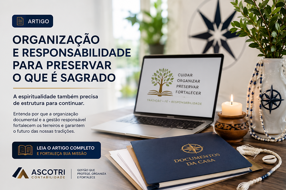 Representação da gestão e organização de casas religiosas, com elementos da espiritualidade afro-brasileira associados à documentação, responsabilidade institucional e continuidade das atividades dos terreiros.